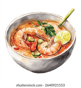 A watercolor illustration showcases a bowl of Tom Yum soup, filled with shrimp, vegetables, and a lime wedge, with a green spoon.