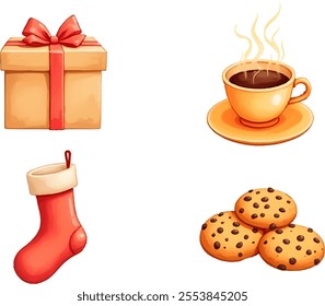 A watercolor illustration showcases six items commonly found in a Christmas Eve box.