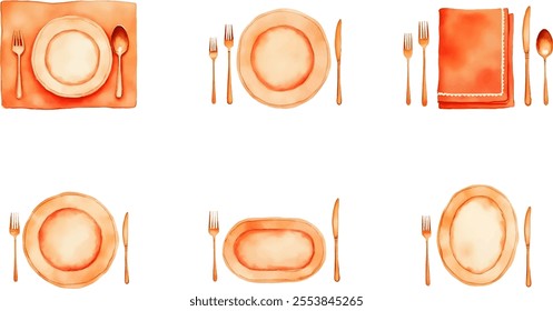 A watercolor illustration showcases six stylish Christmas table setting items, including plates, cutlery, and a napkin, all elegantly arranged in two rows for a festive dining display.