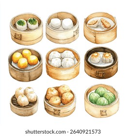 A watercolor illustration showcasing nine different types of dim sum, each presented in its own bamboo steamer basket.