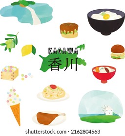 Ilustración acuarela de lugares de interés turístico y comida gourmet en Kagawa, Japón
Traducción: Kagawa