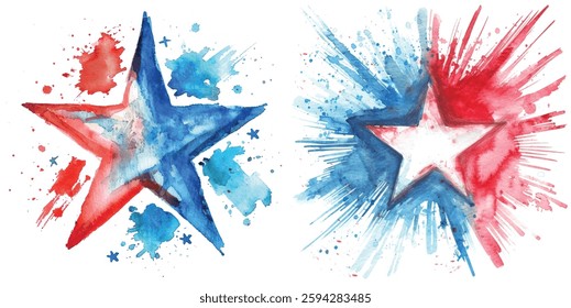 Watercolor Illustration of a Single Star Surrounded by Red and Blue Stripes – Symbolizing Patriotism, Isolated on White Background