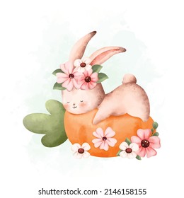 Watercolor Illustration Sleeping Rabbit and carrot in the garden