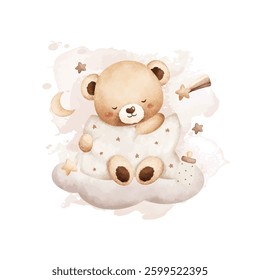 Watercolor Illustration Sleepy Baby Bear Sits on Cloud with Moon and Stars