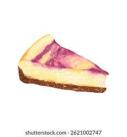 Watercolor illustration of a slice of blueberry swirl cheesecake. Ideal for dessert menu, bakery label, cafe packaging, or food banner with a soft, hand-painted aesthetic.