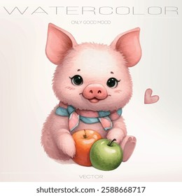 Watercolor illustration of a small happy piglet in vector format