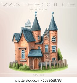 Watercolor illustration of a small house with smoke and cute windows in vector format