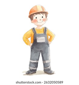 A watercolor illustration of a smiling boy, wearing an orange hard hat and grey overalls, standing with hands on hips.