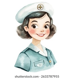 A watercolor illustration of a smiling nurse wearing a light blue uniform and a white cap with a cross emblem.