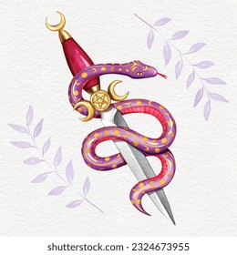 watercolor illustration of a snake going around a magical dagger 