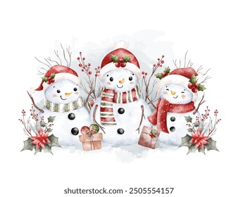 Watercolor Illustration Snowman and Christmas Decoration