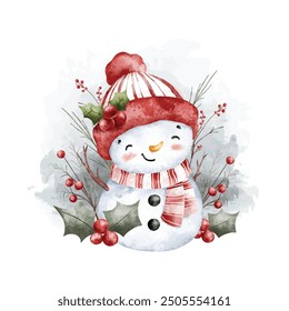 Watercolor Illustration Snowman and Christmas Decoration