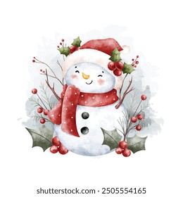 Watercolor Illustration Snowman and Christmas Decoration