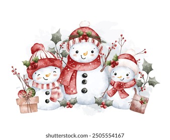 Watercolor Illustration Snowman and Christmas Decoration