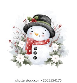 Watercolor Illustration Snowman and Christmas Decoration