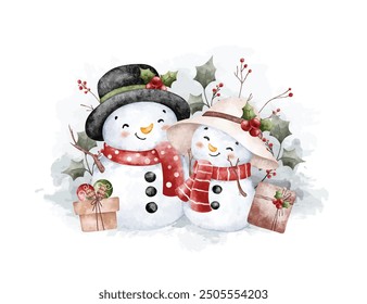 Watercolor Illustration Snowman and Christmas Decoration