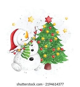 Watercolor Illustration Snowman And Christmas Tree 