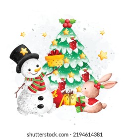 Watercolor Illustration Snowman and Christmas tree with rabbit and Christmas gifts