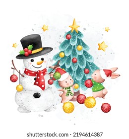 Watercolor Illustration Snowman and Christmas tree with rabbit and Christmas ornaments