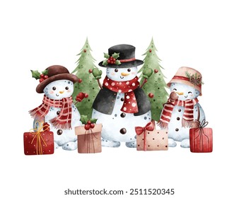 Aquarela Ilustração Boneco de Neve com Árvore de Natal e presentes