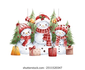 Aquarela Ilustração Boneco de Neve com Árvore de Natal e presentes