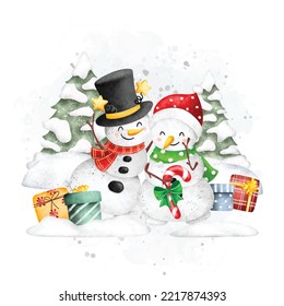 Watercolor Illustration snowman and gift in winter season. You can use it for greeting, card, or background.