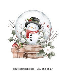 Watercolor Illustration Snowman in Glass Ball with Christmas Ornaments