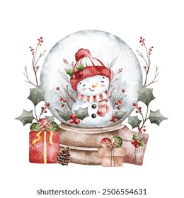 Watercolor Illustration Snowman in Glass Ball with Christmas Ornaments