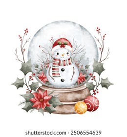 Watercolor Illustration Snowman in Glass Ball with Christmas Ornaments