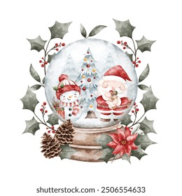 Watercolor Illustration Snowman and Santa Claus in Glass Ball with Christmas Ornaments