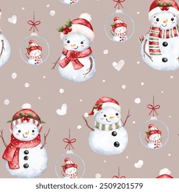 Watercolor Illustration Snowman Seamless Pattern