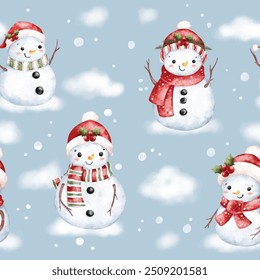 Watercolor Illustration Snowman Seamless Pattern