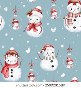 Watercolor Illustration Snowman Seamless Pattern