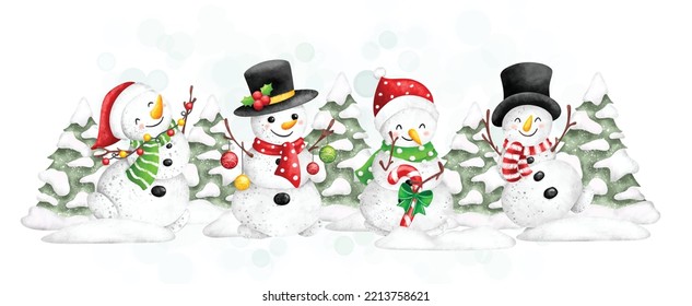 Watercolor illustration snowman and winter tree banner