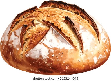 Ilustração em Aquarela de Pão de Massa - Pão de Artesã Pintado à Mão com Crosta Rústica sobre Fundo Branco