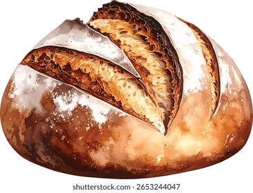 Ilustração em Aquarela de Pão de Massa - Pão de Artesã Pintado à Mão com Crosta Rústica sobre Fundo Branco