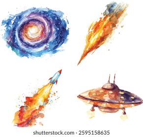 Watercolor illustration of spiral galaxy, meteorite, rocket launching, alien flying saucer, isolated on white