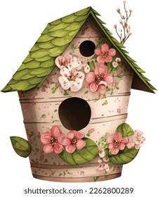 Watercolor Illustration of spring love bird house with cute flowers and leaves