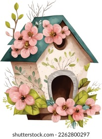 Watercolor Illustration of spring love bird house with cute flowers and leaves