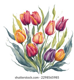 ilustración acuarela de tulipanes de color naranja primavera aislados. Plantilla de flores primaverales para el diseño floral