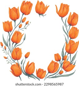 watercolor illustration of spring orange tulips frame isolated. Template of spring flowers for floral design