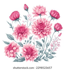 watercolor illustration of spring pink Dahlia flower