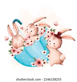 Watercolor Illustration Spring Rabbit and Flower in umbrella