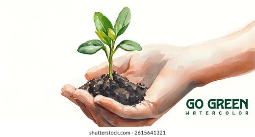 Watercolor illustration of a sprout in cupped hands. A small plant growing in the soil, held in hand