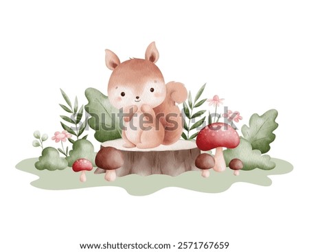 Watercolor Illustration Squirrel and Nature Elements