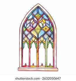 A watercolor illustration of a stained glass window with a pointed Gothic arch, featuring colorful panes and candle-like accents at the base.