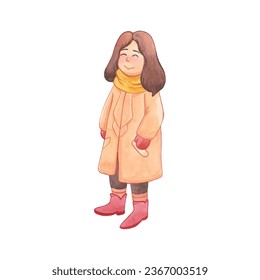watercolor illustration of standing woman in winter clothes
