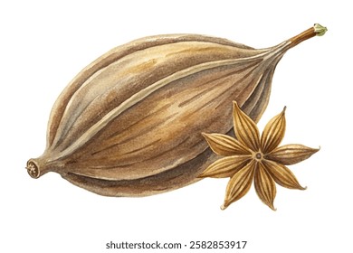 Watercolor illustration, star anise, aromatic spice, natural ingredients, culinary use, organic flavor, detailed texture.