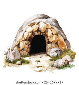 A watercolor illustration of a stone cave entrance with a dark interior, surrounded by rocks, grass, and a path leading to the opening.