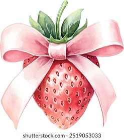 Watercolor illustration of strawberry with a pink bow on them, trendy vector print